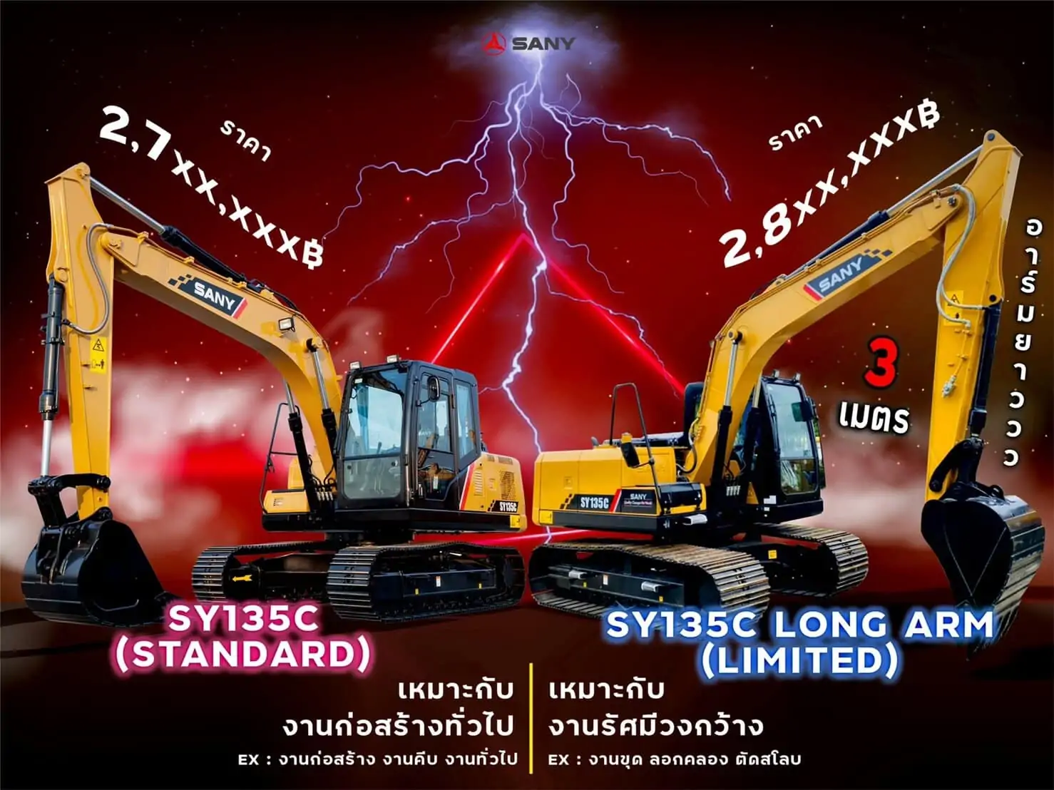 รถขุดดิน รุ่นยอดนิยม SY135C Standard & SY135C Long Arm